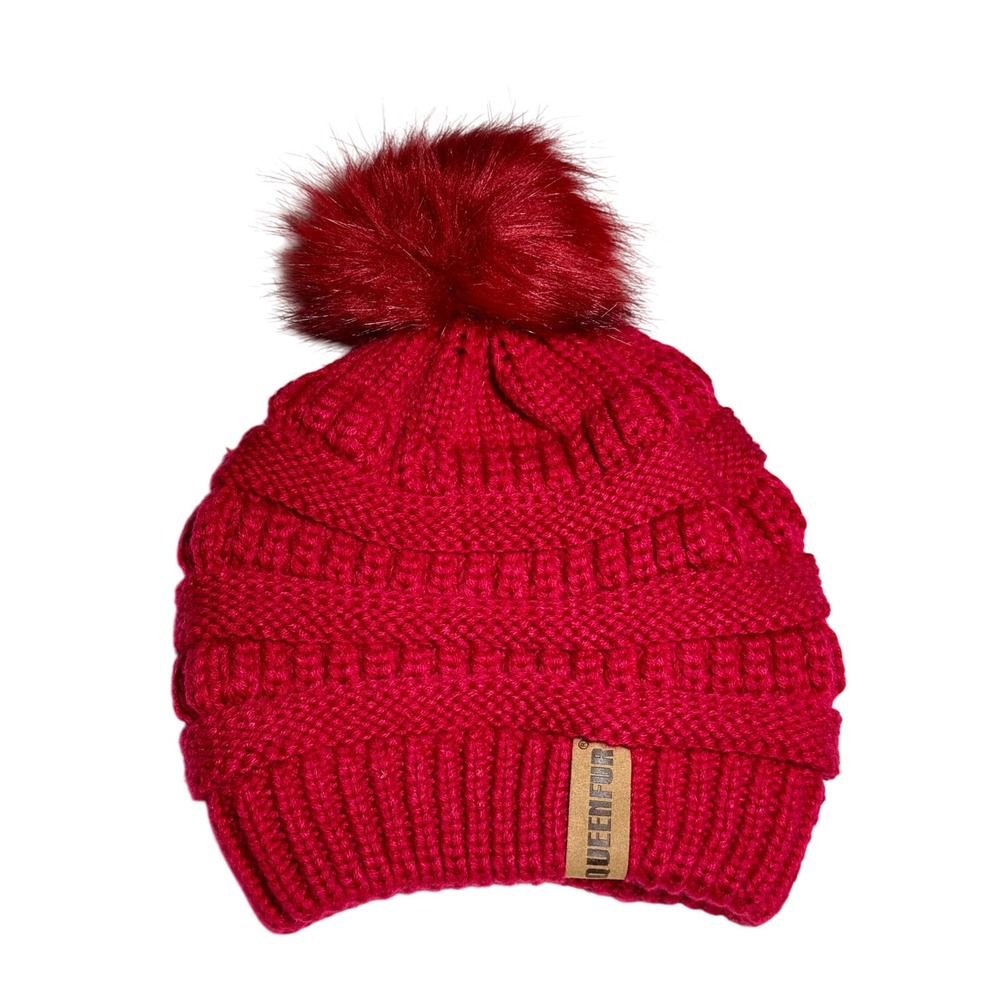 Queen Fur Red Knit Beanie Pom Pom Winter Hat Cozy Warm‎ Slouchy